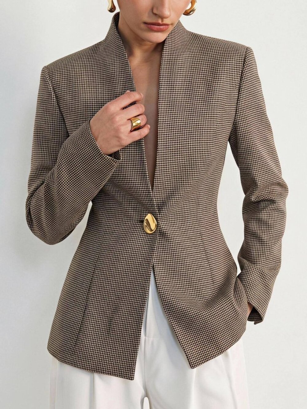 Multicolor Elegant Women's Regular Fit Stand Collar Button Lined Blazer - Picture 4 of 6